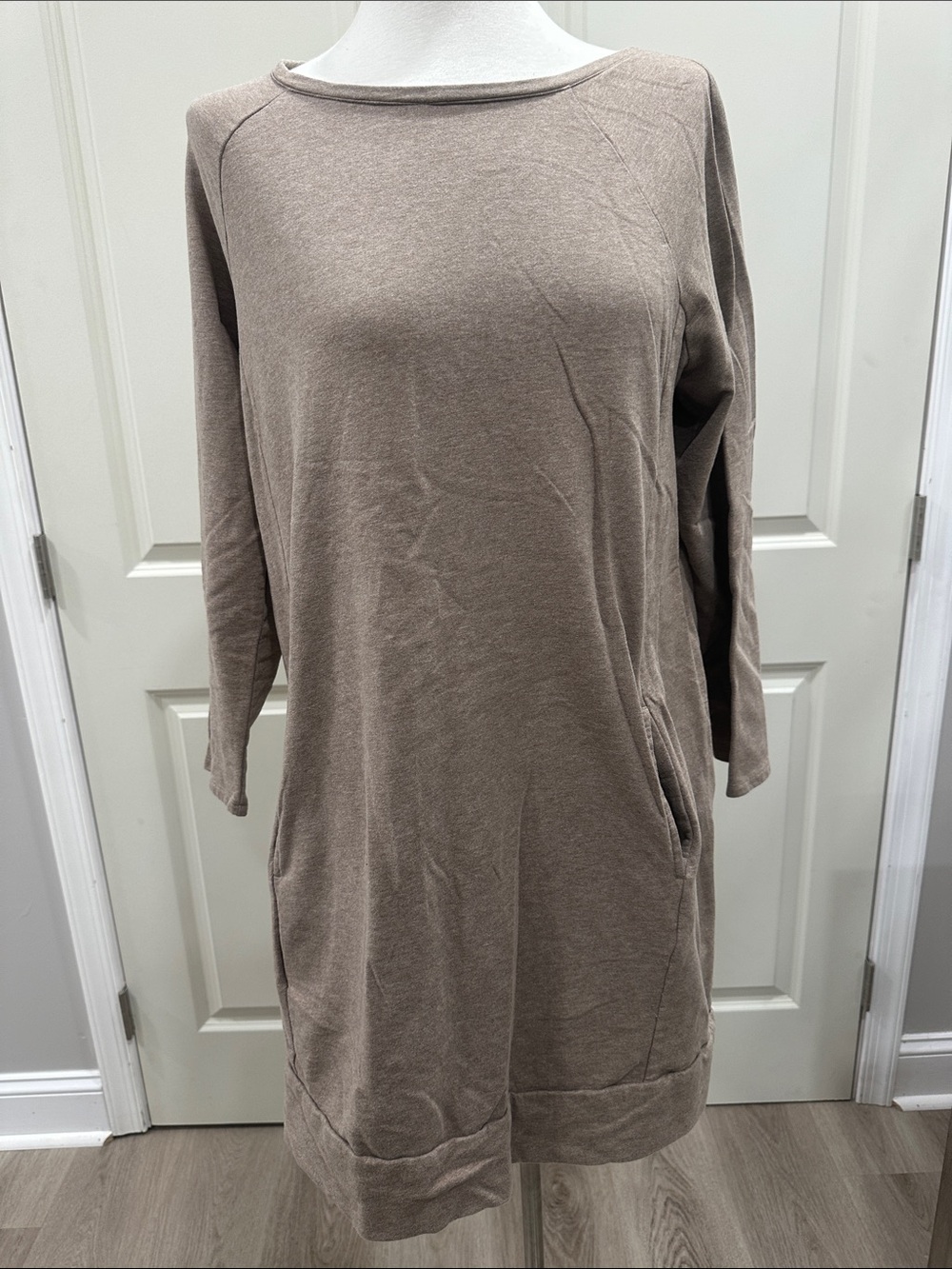 Relaxed Long-Sleeve Pocket Dress in Taupe